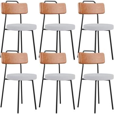 Imagem de Kit 06 Cadeiras Decorativas Estofada Sala Jantar Barcelona L02 Couríssimo Camel Linho Cinza - Lyam