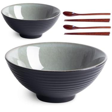 Imagem de Auanlay Conjunto de 2 tigelas de ramen de cerâmica de 20 cm com colheres e pauzinhos para sopa de macarrão Pho, verde acinzentado