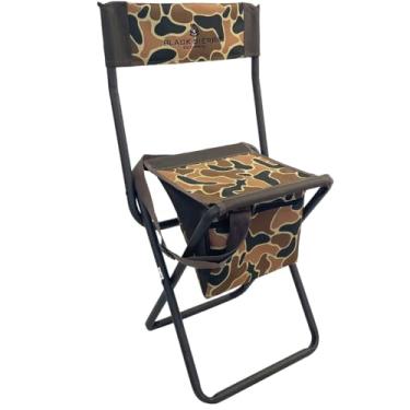 Imagem de Banqueta de caça dobrável Black Sierra com bolsa de armazenamento sob o assento e alça de transporte, cadeira de caça portátil leve com encosto, estrutura de aço resistente suporta 113 kg, para caça