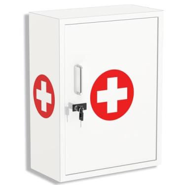 Imagem de Wensha Armário de remédios com trava de montagem na parede: caixa organizadora de armazenamento de metal grande com combinação e trava de chave - Armário de medicamentos seguro de primeiros socorros