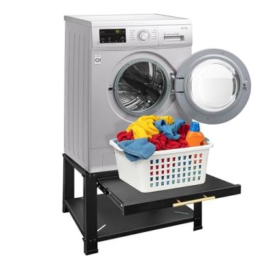 Imagem de Royxen Pedestais de lavadora e secadora com gaveta, pedestal de lavanderia de metal resistente de 73,7 cm A, suporte universal para máquina de lavar para prateleira de cesta, capacidade de 362 kg