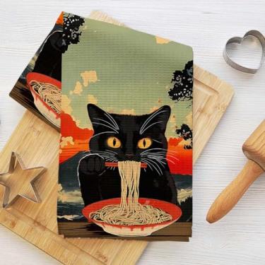 Imagem de Toalhas de cozinha retrô estilo japonês para gatos, toalhas de mão de microfibra macia e absorvente, toalhas de prato Ramen para cozinha, banheiro, casa de fazenda, casa, presentes para amantes de
