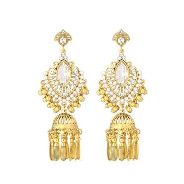 Imagem de Brincos femininos antigos Jhumki Jhumka com contas de borla, pingente de pérola, strass, indiano, étnico, tradicional, bollywood, candelabro, joia, boho, joia de casamento para noiva, 95*35mm, Strass
