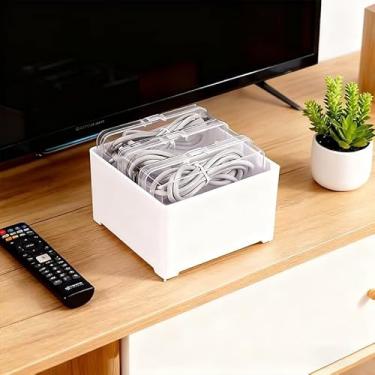 Imagem de Caixa organizadora de cabos de dados branca com 3 braçadeiras, caixa de gerenciamento de cabos de mesa para escritório, casa