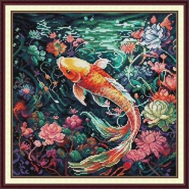 Imagem de Threadhaven Kit de ponto cruz contado Tecido Aida 14CT com linhas, agulhas e guia | Kit de bordado de padrão de costura animal para adultos | Kit de artesanato DIY premium - Koi 3 35,5 cm × 35,5 cm