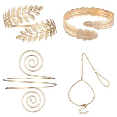 Imagem de GRKZBKW Conjunto de pulseira de braço e corrente de mão de ouro 4 peças - banhado a ouro real 14k, braço superior, pulseiras de ouro empilhadas não mancham, braçadeira minimalista