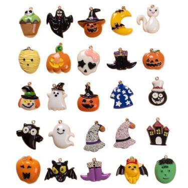 Imagem de Conjunto de pingentes de resina de Halloween com 24 estilos variados, morcego assustador, abóbora, fantasma, caveira, design de berloques de resina para fazer joias, suprimentos de artesanato DIY