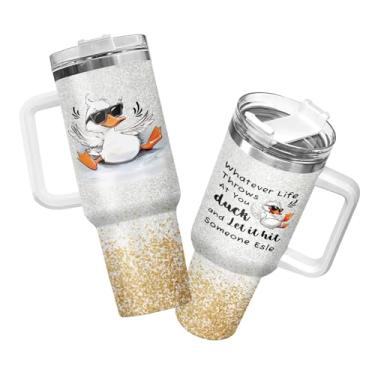 Imagem de 34HD Copo de pato engraçado 1,134 g com alça e canudo – copo de água de aço inoxidável isolado bonito com tampa – Caneca de café de viagem presente para mulheres, amigos, aniversário, citação