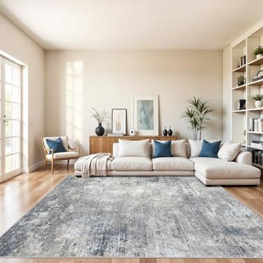 Imagem de Tapete quadrado para sala de estar de 2,4 x 2,4 m – Tapete de área abstrata neutro moderno lavável para quarto, sala de jantar, cozinha – Tapete de piso interno macio antiderrapante (cinza azul, 20 x