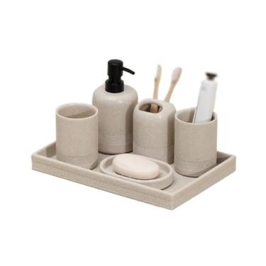 Imagem de Dispensador de sabão Conjunto de dispensador sabão luxo leve, copo lavagem, porta-escovas dentes para banheiro, conjunto bandeja premium para