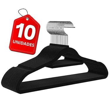 Imagem de Cabide de Veludo Preto Adulto Slim Ultrafino Reforçado Resistente Antideslizante Haste Em Aço Cromado E Textura Aveludada Otimiza Espaco Possui Suporte Para Gravata (Preto, 10)