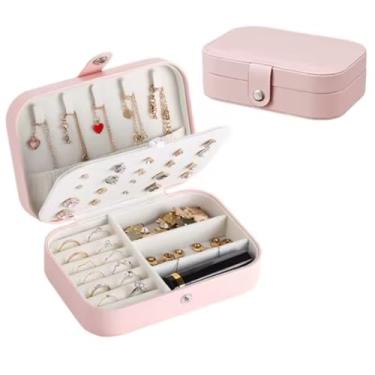Imagem de Porta Joias Portátil em Couro com Botão | Organizador Premium para Anéis, Brincos, Colares e Bijuterias | Estojo Compacto para Viagens e Uso Diário com Design Sofisticado e Prático (Rosa) (Rosa)