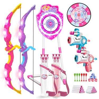 Imagem de VATOS Pacote com 2 brinquedos de arco e flecha com luz LED - Conjunto 4 em 1 de tiro com arco e dardos com 20 flechas de ventosa, alvo brilhante de sereia e tabuleiro de dardos - Presente de