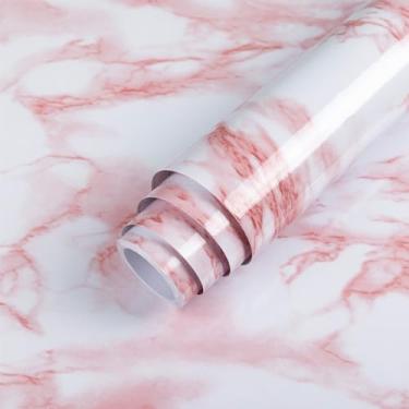 Imagem de Abyssaly Papel de contato de mármore brilhante para bancada, papel de parede de granito branco/rosa, à prova d'água, autoadesivo, removível, papel de parede de rolo de vinil de cozinha, banheiro, 40