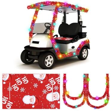 Imagem de Timtin 4 peças de capas de assento de carrinho de golfe de Natal decorações com guirlanda de tinsel, cobertor e luzes LED para árvore de Natal, decoração de carrinho de golfe, desfile de férias (Papai