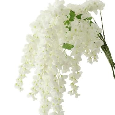 Imagem de 4 peças de flores artificiais de glicínia 94 cm, guirlanda de flores de seda para pendurar em ratã, decoração de parede de festa de casamento (branca)