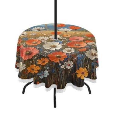 Imagem de ATTX Toalha de mesa redonda vintage com pintura a óleo de flores silvestres - 152 cm, impermeável, à prova de derramamento, uso interno/externo, com orifício para guarda-chuva com zíper para