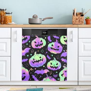 Imagem de ATTX Capa de ímã de lava-louças Glittery Pumpkins, morcegos, 58,4 cm C x 66 cm A, decoração da capa da máquina de lavar louça, decalques para armários domésticos e eletrodomésticos adesivos #161
