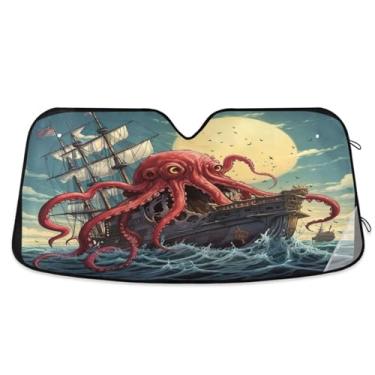 Imagem de ATTX Para-brisas para carro Sea Octopus Wave 134.6 cm x 59.7 cm Protetor solar universal com proteção UV, persiana de janela frontal automática dobrável para caminhões Sedans SUVs #794