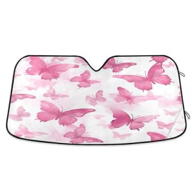 Imagem de ATTX Para-brisa de carro borboletas rosa aquarela 144.8 cm x 80.0 cm escudo solar universal com proteção UV, persiana de janela frontal automática dobrável para caminhões Sedans SUVs #541