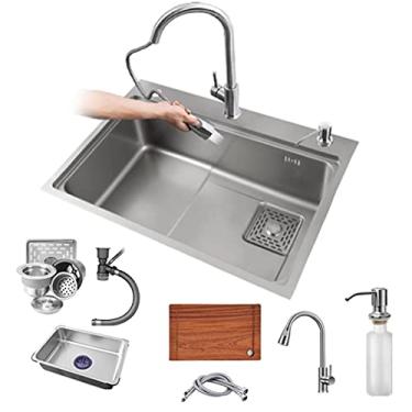 Imagem de Lava-louças cozinha 1 seio e escorredor redondo, lava-louças de cozinha aço inoxidável lava-louças grande com 1 orifício drenagem direita e tubo de desbaste sobre bancada, baixo balcão ou arrumado