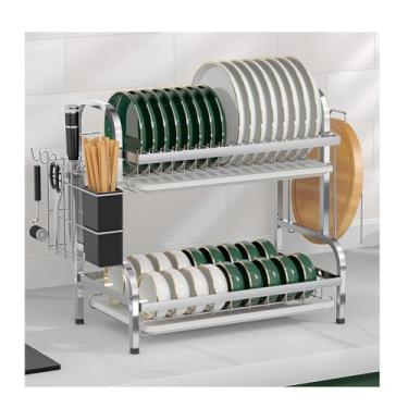 Imagem de HGTRH Escorredor de louça de 2 níveis, escorredor de pratos de aço inoxidável com bandeja de drenagem removível, suporte para tábuas de cortar sobre a pia, organizador de escorredor de louça de 2