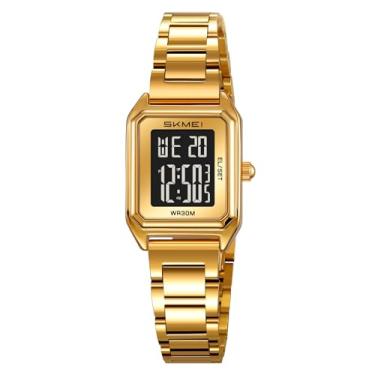 Imagem de MASTOP Relógio digital dourado quadrado de aço inoxidável à prova d'água com data, alarme, cronômetro, contagem regressiva, Dourado, preto, Moda esportiva delicada