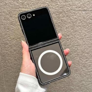 Imagem de Capa espelhada de luxo cravejada de diamantes para Samsung Galaxy Z Flip 5 6 7 5g Flip7 Fe Flip6 com carregamento magnético (para Galaxy Z Flip7/2)