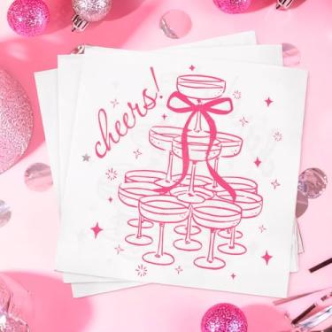 Imagem de FYSUIMU 50 peças de guardanapos de papel rosa Cheers coquetel guardanapos de papel champanhe arco decorativo descartável guardanapo de bebida para despedida de solteira casamento chá de panela