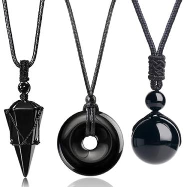 Imagem de YJTSWDXY 3 unidades de colar de cristal natural moeda da sorte pingente de rosquinha, ponta hexagonal, pingente de contas para mulheres e homens, 14-27 inch, Pedra, Obsidiana