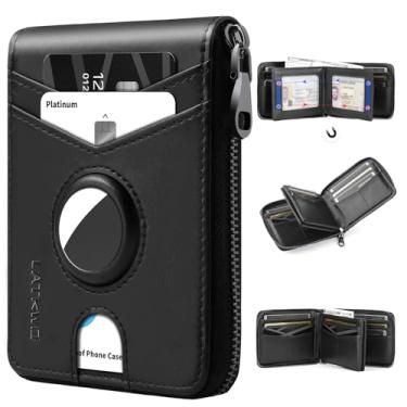 Imagem de Carteira masculina de grandes dimensões com bloqueio de RFID com zíper e 2 janelas para identidade, design de grande capacidade, 13 compartimentos para cartão de crédito, Etiqueta Apple Air preta