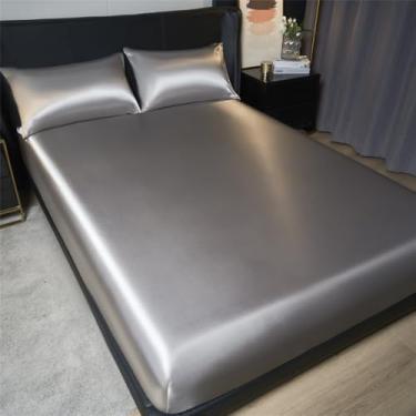 Imagem de Jogo de lençol de cetim com elástico - 35 cm de altura, tamanho King/Queen, inclui 2 fronhas, elegância atemporal para um sono exigente, prata, solteiro