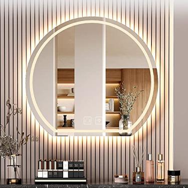Imagem de LMJYU Espelho de parede para banheiro, espelho de banheiro moderno montado na parede, 3 cores, regulável, antiembaçamento, meio círculo, espelho decorativo premium à prova de explosão com interruptor