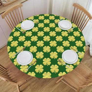 Imagem de BOXIMIAO Clovers Toalha de mesa redonda verde amarelo trevo com borda elástica toalha de mesa impermeável reutilizável para férias, cozinha, festa, pátio, P (101,6 cm-111,8 cm)