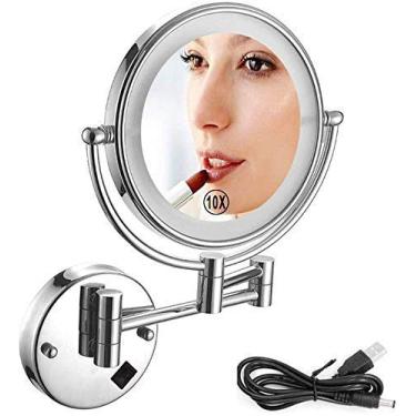Imagem de Espelho de maquiagem montado na parede com luzes e ampliação, espelho iluminado de 20 cm ampliação 1X/10X com botão liga/desliga, dupla face, espelho de barbear cromado para banheiro