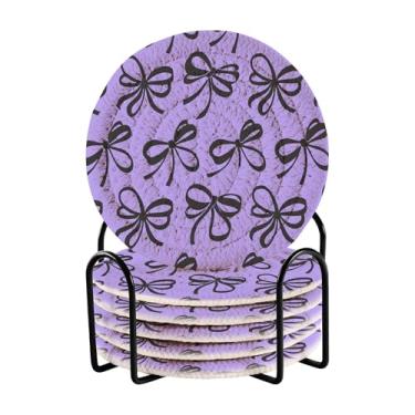 Imagem de SEHANY Conjunto de 6 porta-copos de laço roxo fofo com suporte, porta-copos redondos absorventes de algodão resistente ao calor para mesa de jantar, canecas de café, 10 cm