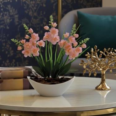 Imagem de Arranjo de Orquídea Artificial com Vaso Branco e Casca Polida Decorativa para Mesa e Escritório(Rosa Claro1)