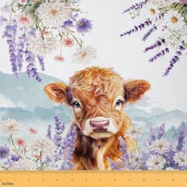Imagem de Erosebridal Tecido de vaca Highland por quintal, tecido impermeável de vacas fofas, tecidos decorativos florais de margarida de jardim para crianças, meninas, adolescentes, mulheres, lavanda roxa