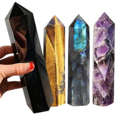 Imagem de 4 peças de cristais naturais de 15 cm estatueta de torre de polimento pedra ametista de quartzo rosa estátua de obelisco de varinha hexagonal para aquário pedras decorativas presentes decoração de