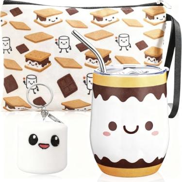 Imagem de Maxcheck Conjunto de 3 peças de presentes de Natal Smores para mulheres, copo de 340 g com tampa, bolsa de cosméticos com palha, chaveiro de pelúcia de Marshmallow, presentes de Natal para amantes de