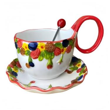 Imagem de Windefun Tigela de sopa de 500 ml segura para micro-ondas, tigela de cereais de cerâmica pintada à mão com alça de laço para sopa, iogurte, lanche, batata frita, ensopado, sorvete (amoras)