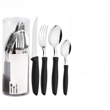 Imagem de Kit 48 Talheres Preto Inox Premium Cabo Plástico 12 Faca 12 Garfo 12 Colher 12 Colher Sobremesa (72-PEÇAS)