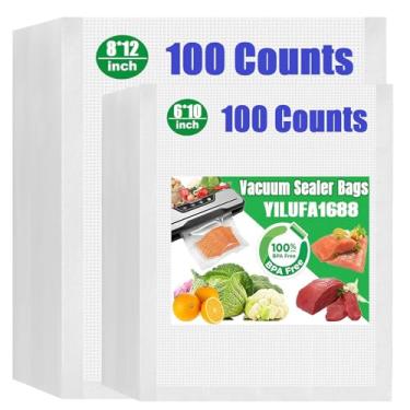 Imagem de 200 sacos seladores a vácuo para sacos de congelador para economia de alimentos, 100 unidades, 15 x 25 cm, 100 litros 20 x 30 cm, armazenamento de alimentos pré-cortados, grau comercial, selagem a