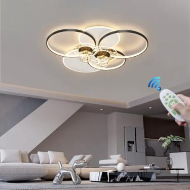 Imagem de Luminária de teto LED grande em formato de anel, moderna, para sala de estar, com controle remoto para dimerização, 110W, com iluminação mapeável, em metal preto, 3000K-6500K, lustre criativ