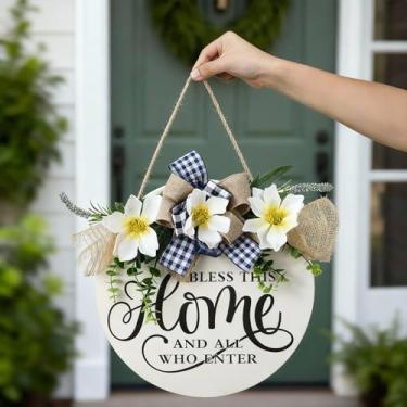 Imagem de Kathfly Placa de boas-vindas para a porta da frente Bless This Home and All Who Enter Placa redonda de 30 cm Jesus Cristão Guirlanda de madeira rústica para decoração de parede presente para casa de