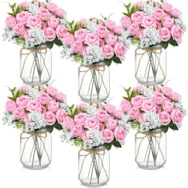 Imagem de Ninehaoou Conjunto de 6 conjuntos de flores falsas com vaso de flores artificiais de rosas de seda com buquês artificiais de hálito de bebê, decoração rústica de casa de fazenda para casa, mesa, festa