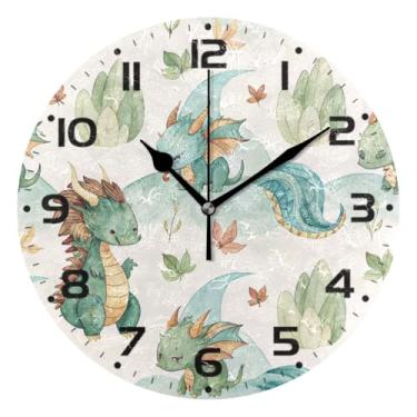 Imagem de JUZIHAI Relógio de parede com dragão em aquarela, silencioso, sem tique-taque, redondo, operado por bateria, fácil de ler, relógio decorativo de parede para casa, cozinha, sala de estar, quarto