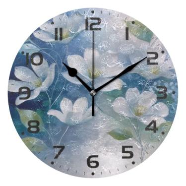 Imagem de JUZIHAI Relógio de parede com flores brancas, silencioso, redondo, sem tique-taque, operado por bateria, fácil de ler, relógio decorativo de parede para casa, cozinha, sala de estar, quarto