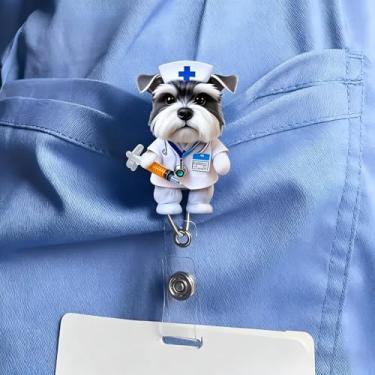 Imagem de Carretel de crachá de acrílico retrátil com clipe jacaré - design de cachorro Schnauzer de enfermeira, clipe de identificação de enfermeira para trabalhadores médicos/funcionários de escritório/XPJ-11
