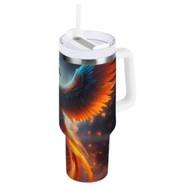 Imagem de Copo grande isolado Phoenix com alça e tampa de palha, copo de aço inoxidável isolado com tampa 2 em 1